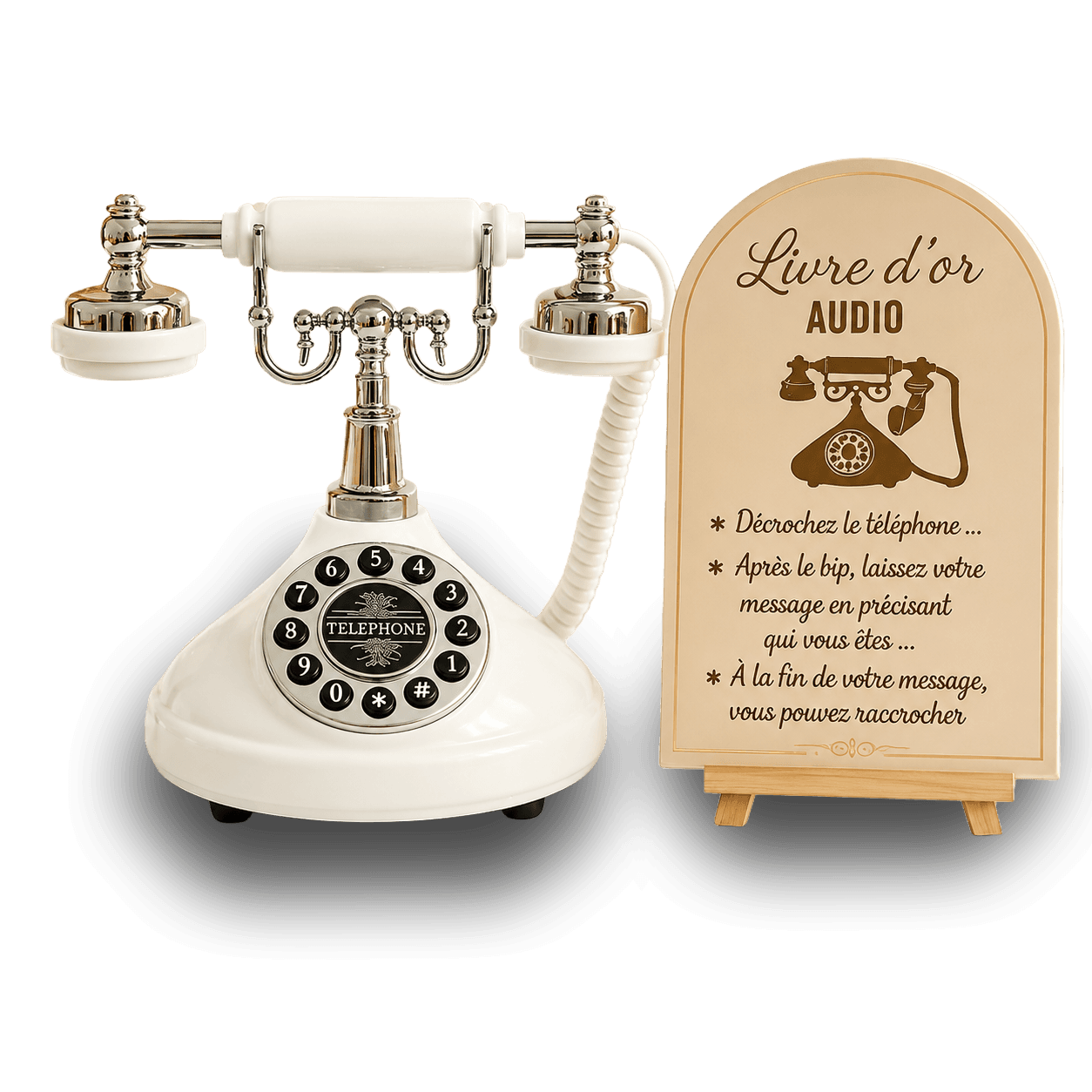 Téléphone vintage du Livret d'Or Audio NovaBooth, posé sur un présentoir en bois